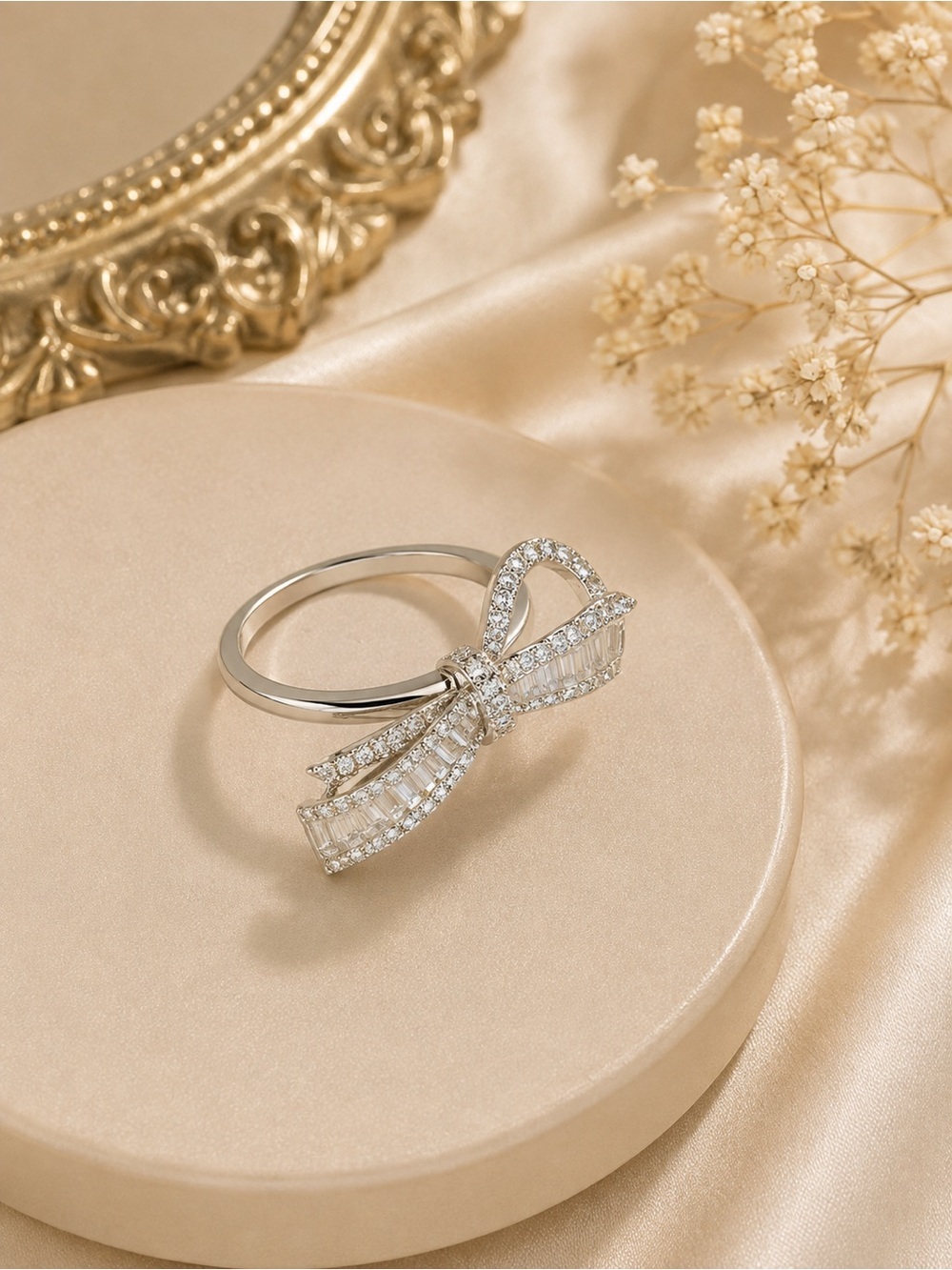 Silver Tone Crystal Bow Statement Ring